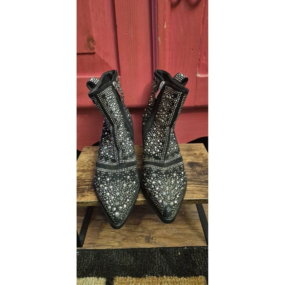 ISNOM Womens 6 Rhinestone Cowboy Boots Pointed Toe Block Heel  Ankle Shoes EUC